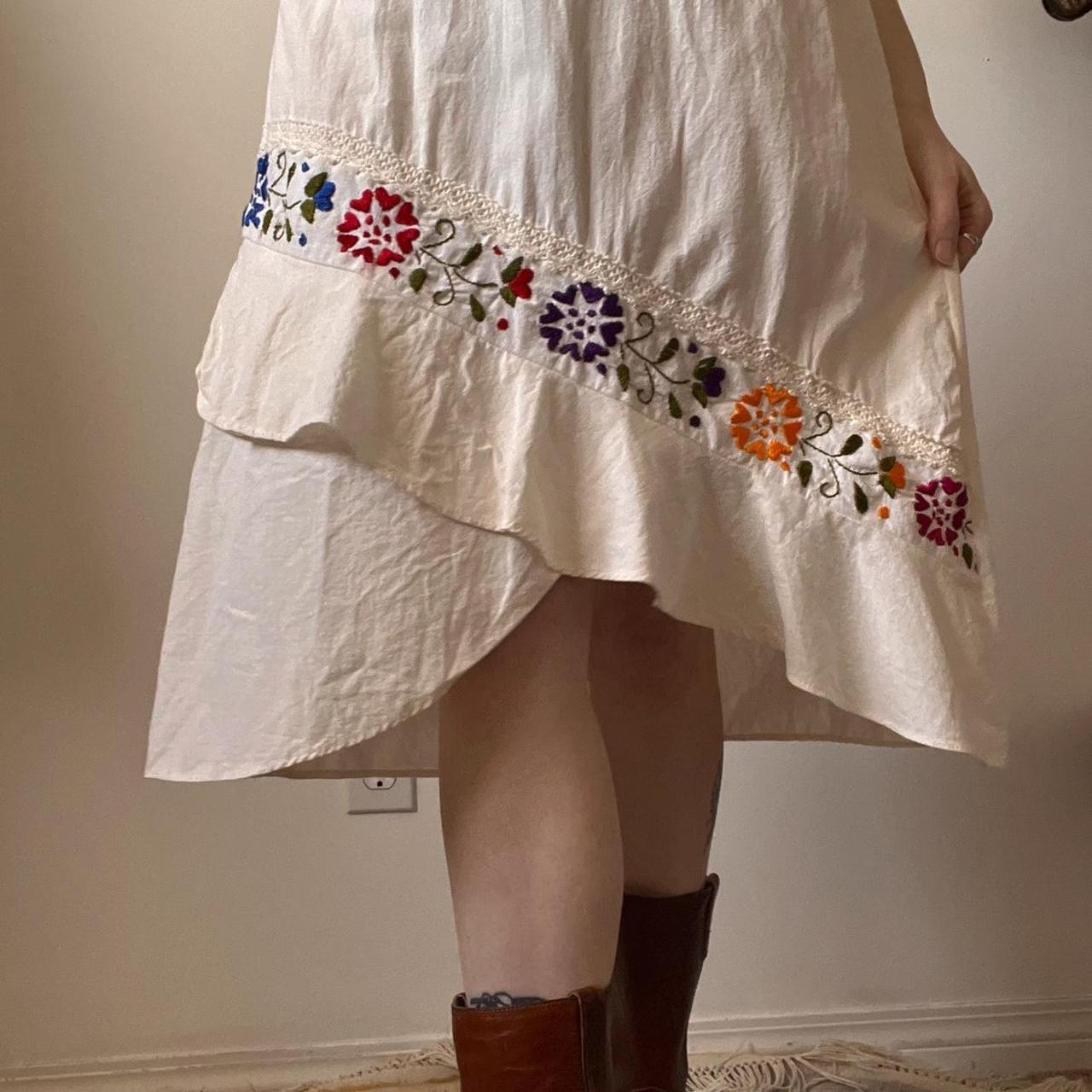 70s cream linen floral dress (S)