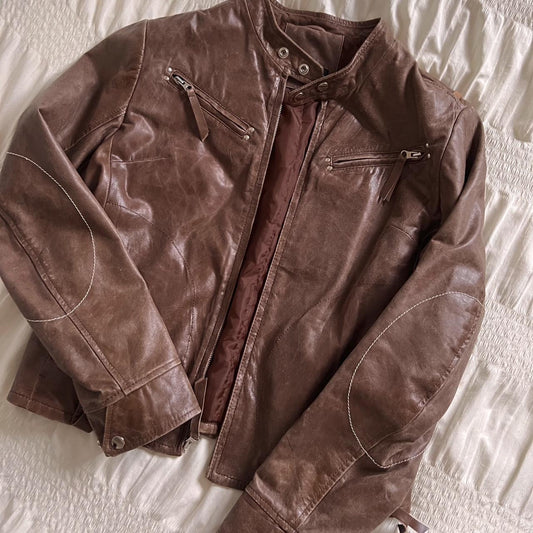 Brown leather moto jacket (M)