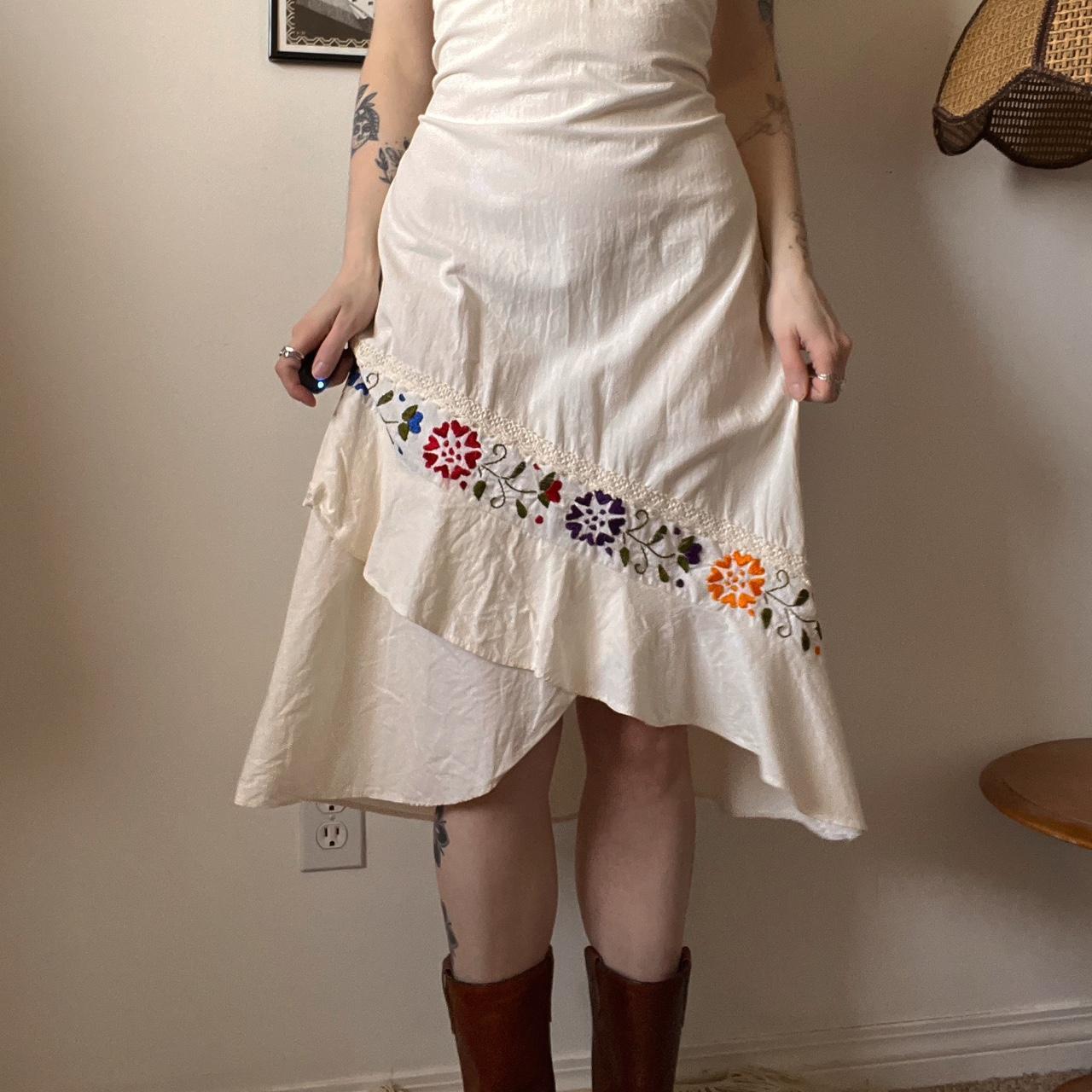 70s cream linen floral dress (S)