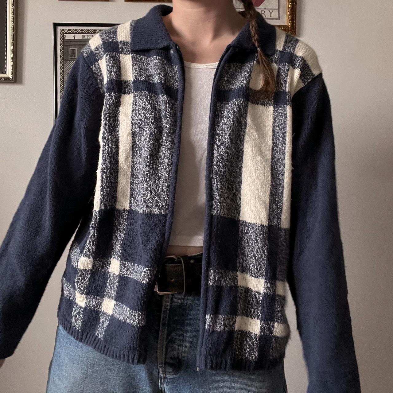 Blue plaid knit cardigan (M)