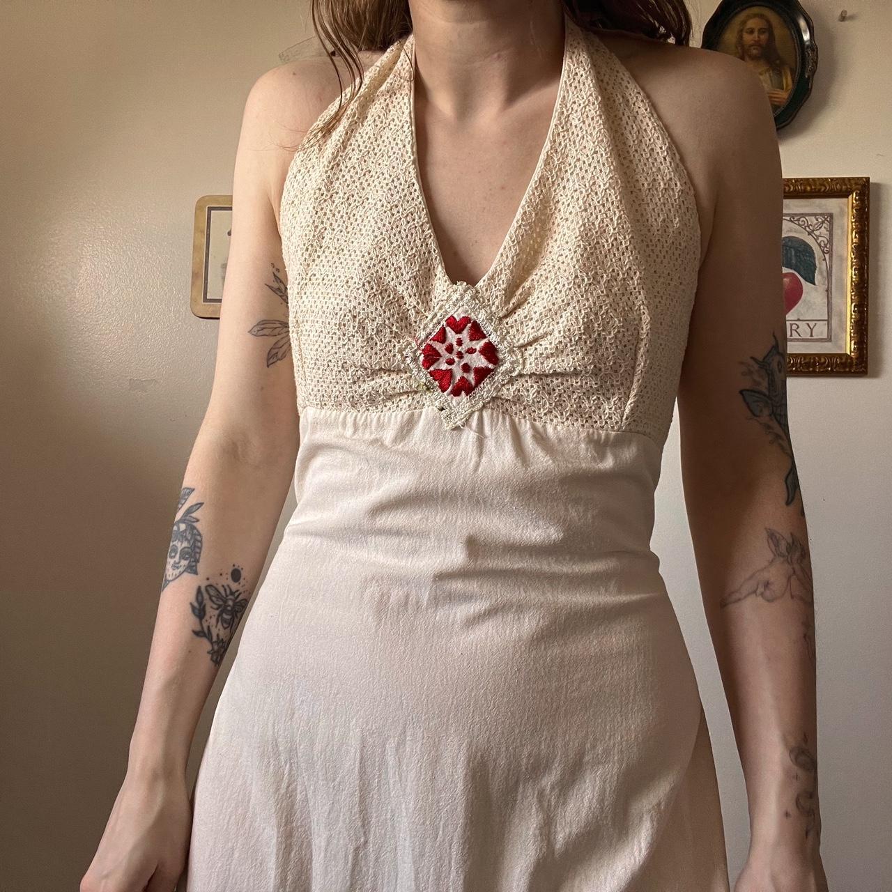 70s cream linen floral dress (S)