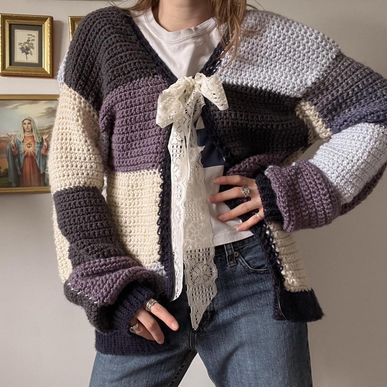 Cozy patchwork chunky knit cardigan (L)