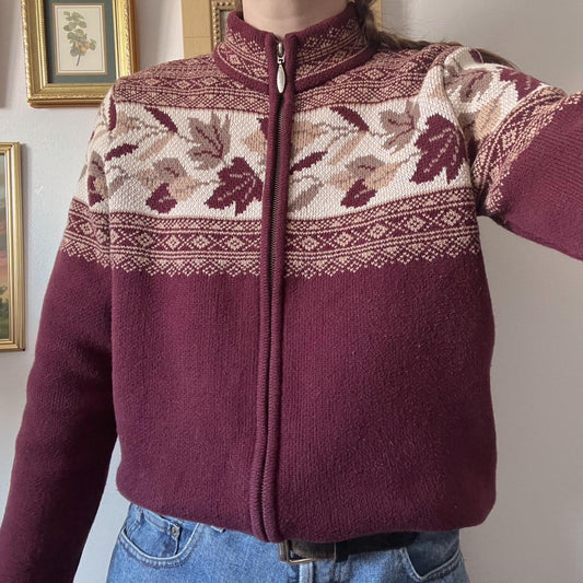 Burgundy leaf knit cardigan (S)