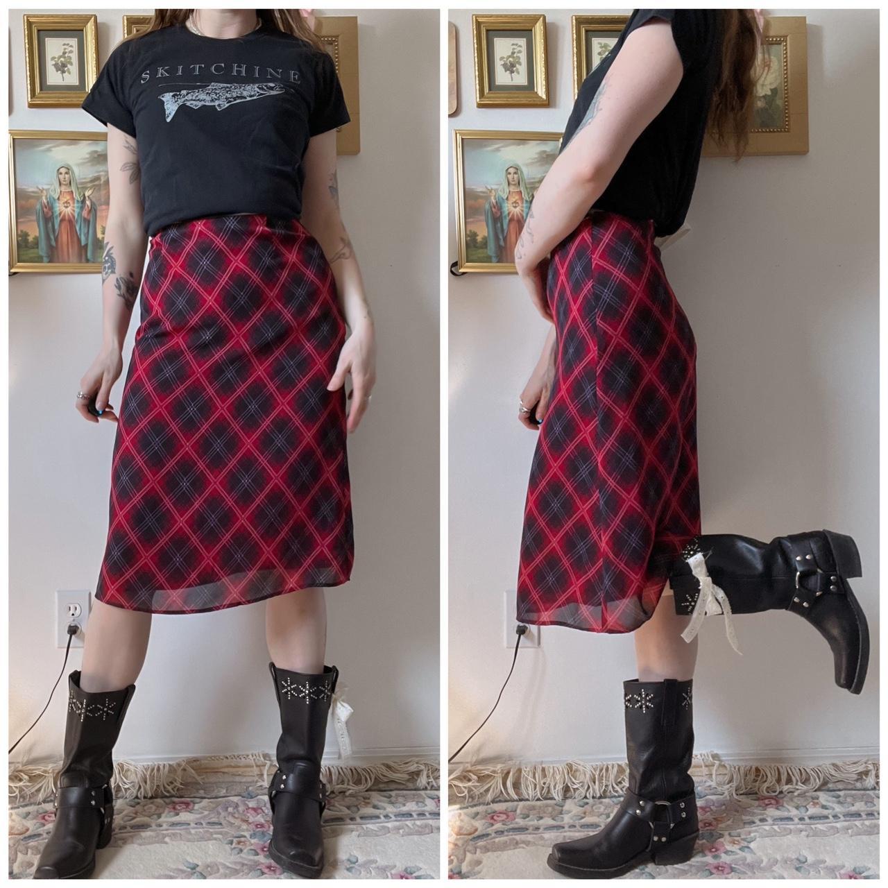 Cherry red plaid midi skirt (6)