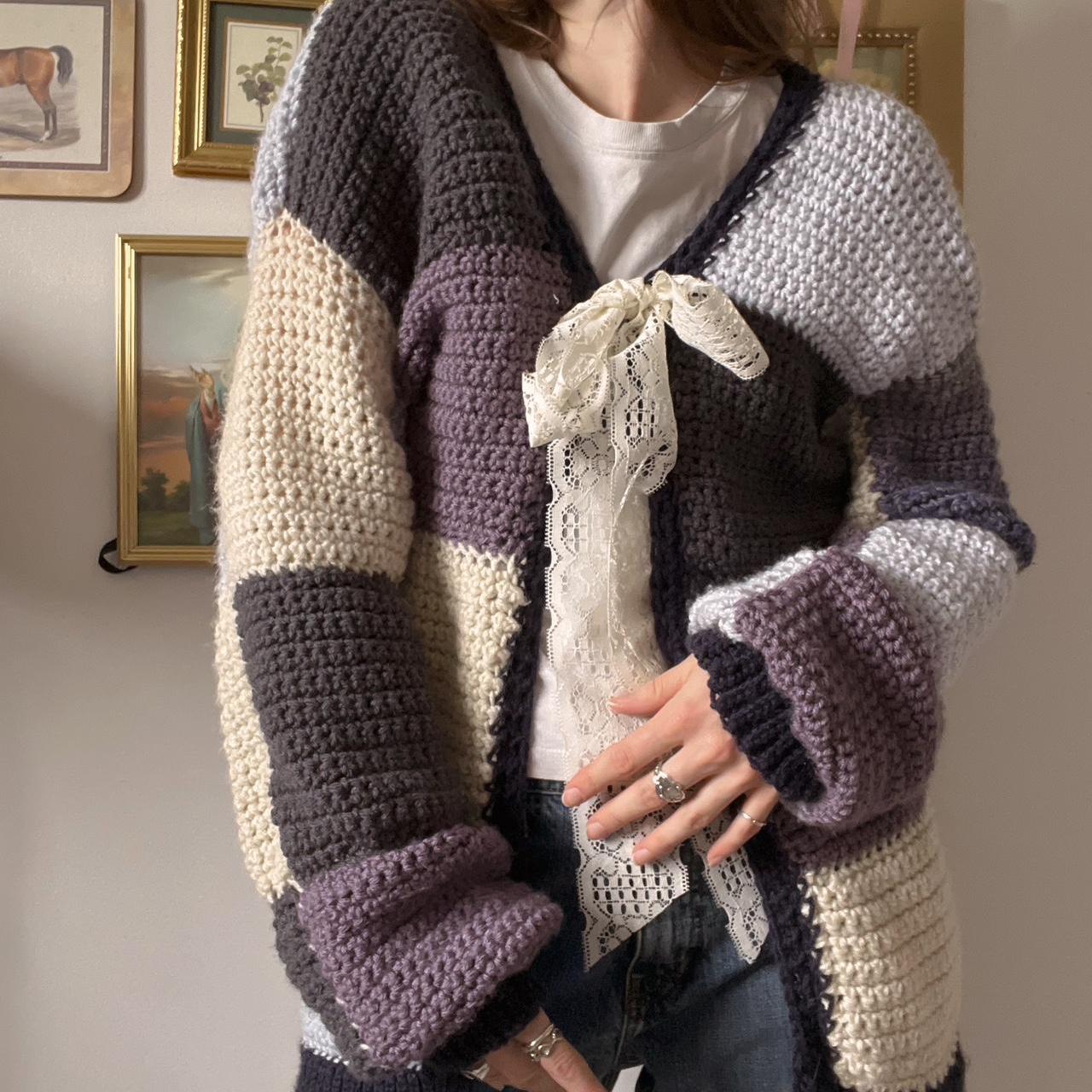 Cozy patchwork chunky knit cardigan (L)