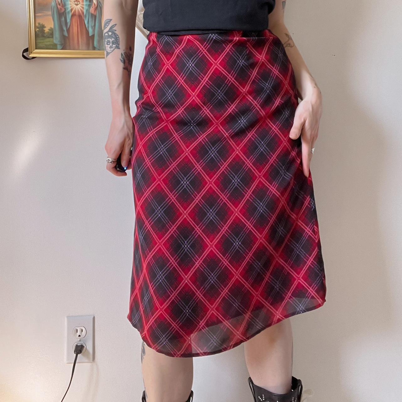 Cherry red plaid midi skirt (6)