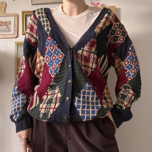 Argyle patchwork knit cardigan (M)